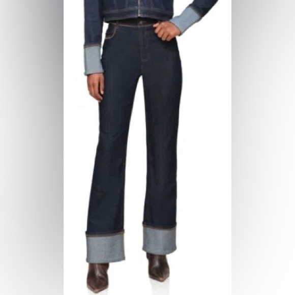 Avec Les Filles Denim - High Waist Cuffed Flare Leg Jeans In Dark Rinse Wash